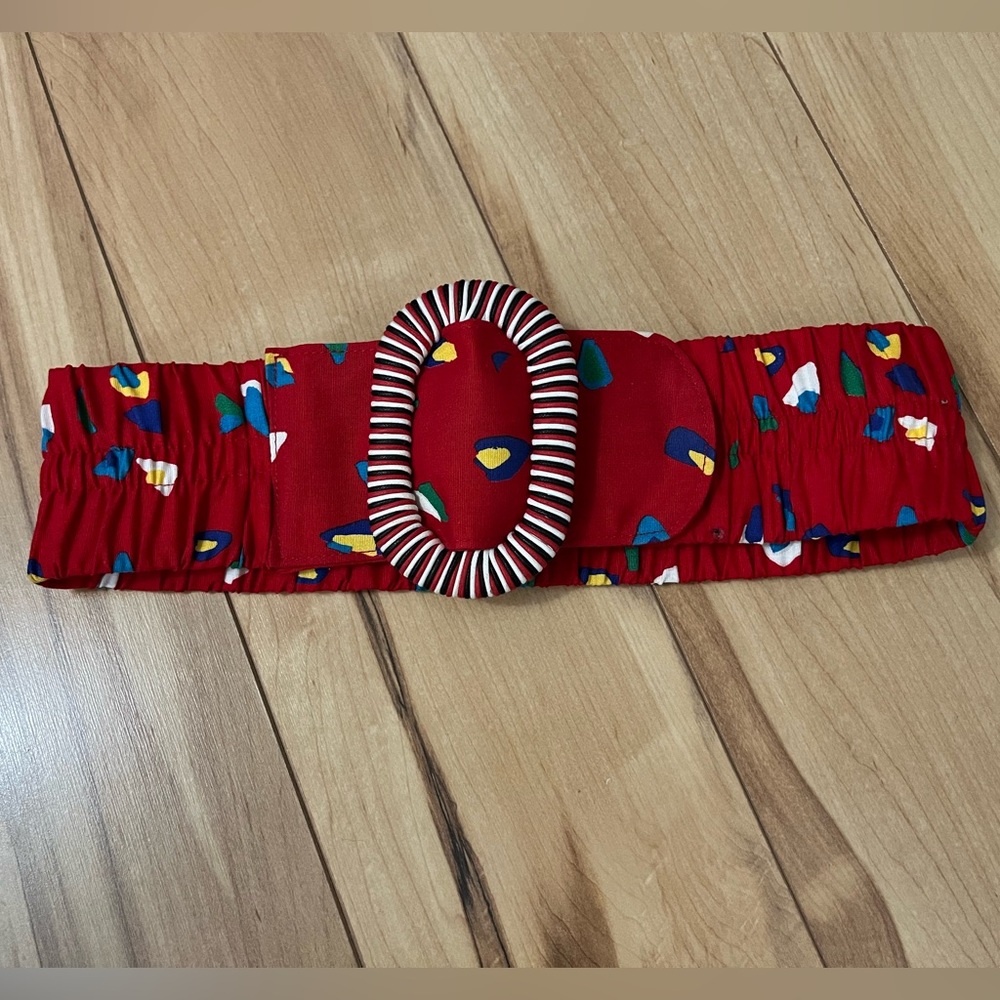 Vintage 1980s Ginnie Johansen Women Statement Belt S/M Red Blue Multi Patterned